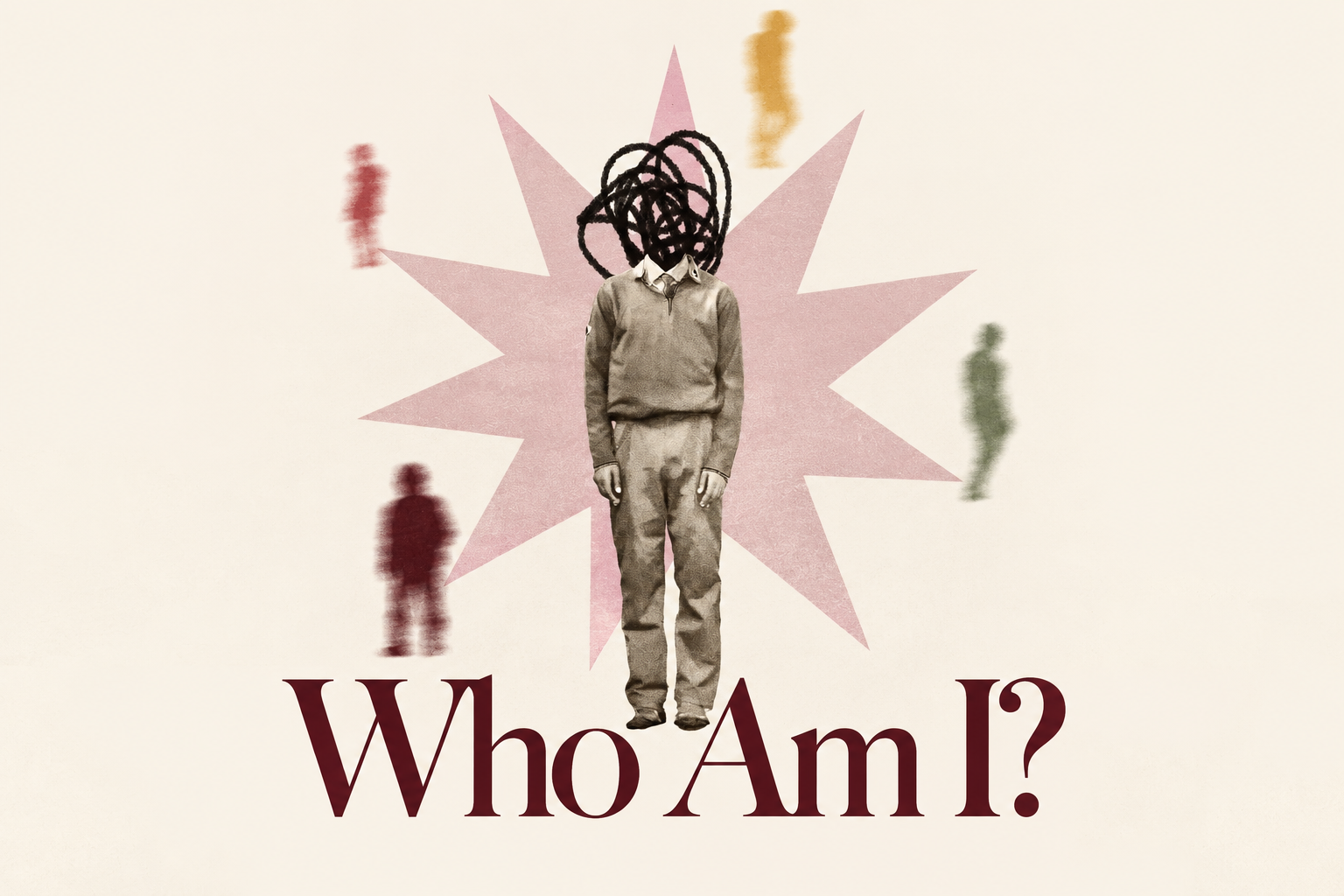 Illustrazione Who Am I?: una figura giovane al centro di sagome e segni colorati.